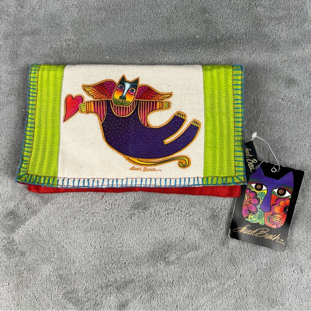 Laurel Burch Bifold Snap Wallet Cat Clutch Raw Silk Fabric Angel Wings Heart